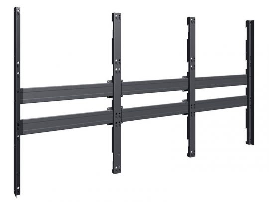 Metal wall-mount bracket system with three vertical supports and two horizontal bars, designed for securely mounting large flat-panel displays or video walls.