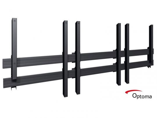 Optoma wall-mount frame for video wall installations, featuring a black metal structure with four vertical and two horizontal bars, designed to securely hold multiple flat-panel displays; Optoma logo visible in the bottom right corner.