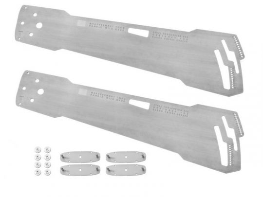 Two flat, silver metal mounting plates with cutouts and engraved labels, shown alongside four small metal brackets and ten screws, all neatly arranged on a white background—ideal for hardware or electronics assembly.