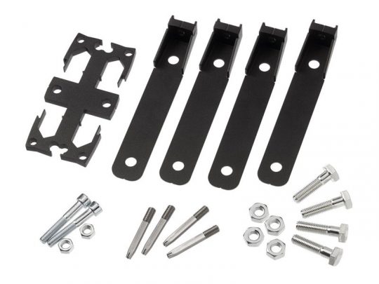 CPU cooler mounting kit displayed on a white background, featuring four black metal brackets, a square mounting plate, assorted screws, bolts, nuts, and metal spacers for computer processor installation.