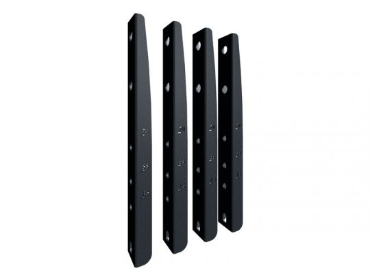 Four black metal mounting brackets with pre-drilled holes and engraved measurement markings are shown standing upright in a row. These heavy-duty brackets are designed for secure shelving or equipment installation, offering precise alignment and durability. Suitable for home improvement or industrial use.