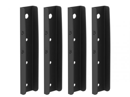 Four identical black metal shelf brackets with multiple holes and numbers 75 and 55 marked on the side, displayed upright in a row on a white background. Ideal for sturdy shelving support and easy installation.