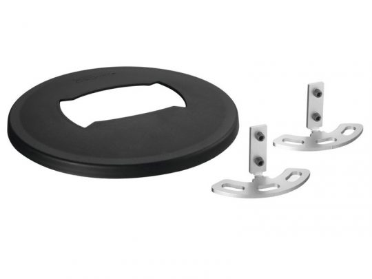 Black plastic circular lid with a rectangular opening, shown alongside two curved silver metal brackets featuring vertical mounting pieces and screws; parts for a trash can or waste bin lid assembly.