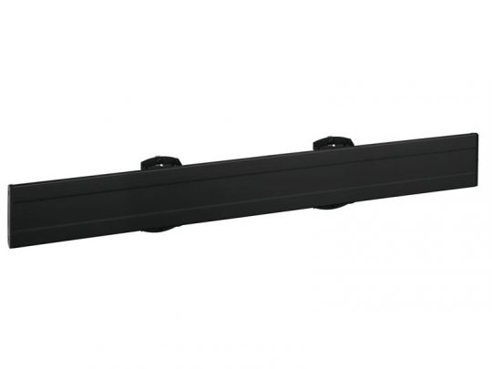 Black rectangular wall mount bracket with a smooth surface and two circular mounting fixtures on the back, shown against a white background.