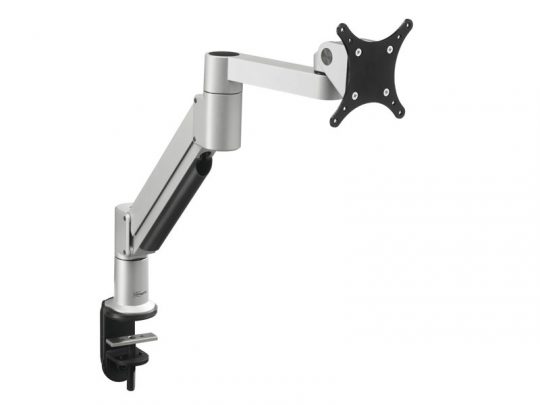 Adjustable silver and black monitor arm with clamp base for desk attachment, featuring multiple joints and a VESA mount plate for securely holding a computer monitor.