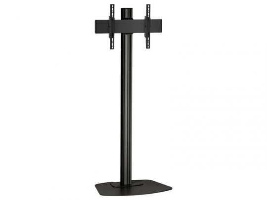 Black metal TV stand with rectangular base, tall vertical pole, and adjustable mounting brackets for mounting a flat-screen television; modern, sturdy design suitable for living rooms or offices.