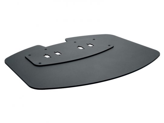 Black curved TV base stand plate with three screw slots, designed to support and stabilize flat-screen televisions.