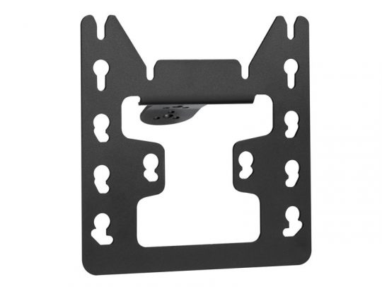 Black metal wall mount bracket for flat-panel TV or monitor, featuring multiple keyhole slots, a central rectangular cutout, and angled upper corners. Ideal for secure TV installation on walls.