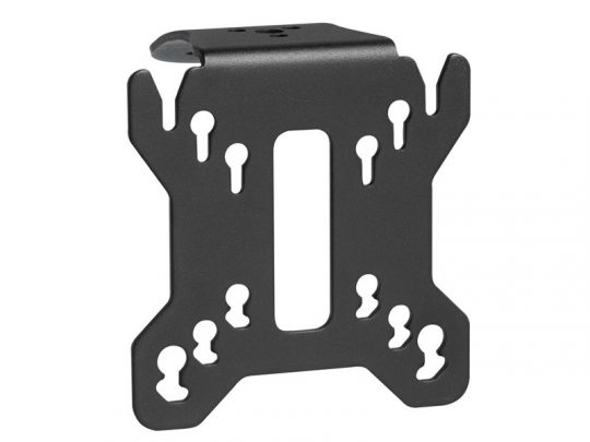 Black metal mounting bracket with multiple keyhole slots, a central rectangular opening, angled edges, and a hooked top section—ideal for wall mounting TVs or electronic devices.