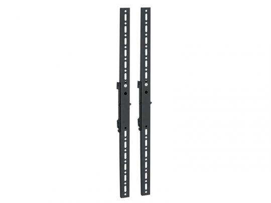 Two vertical black metal TV mounting brackets with multiple adjustable holes, designed for securely attaching a flat screen TV to a wall mount system.