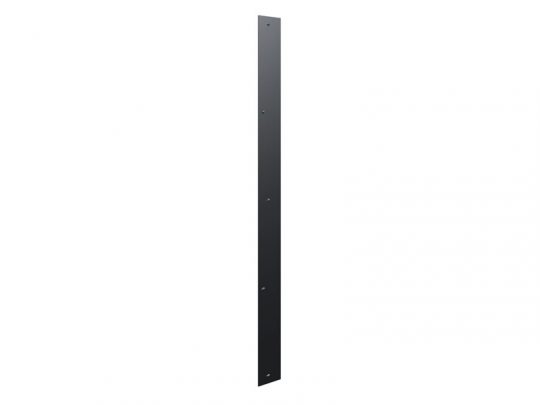 Black steel flat mending plate with six evenly spaced holes, shown vertically on a white background; ideal for joining or reinforcing wood and metal surfaces.