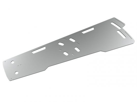 Flat rectangular metal mounting plate with rounded ends, multiple cutouts, and slots for mechanical or industrial support applications. Ideal for brackets or hardware assemblies.