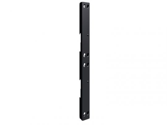 Tall, narrow black metal bracket with evenly spaced round and oval holes, shown vertically against a plain white background. Ideal for shelving or support structures.