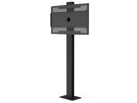 Black metal monitor stand with a rectangular mounting plate at the top, designed for screens or displays; features a central circular hole and vented panels for cable management and ventilation.
