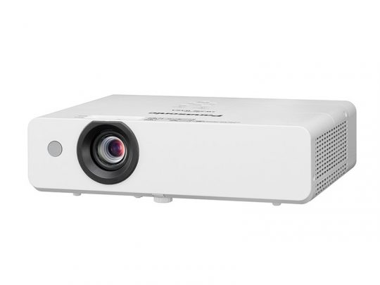 Panasonic white projector with large front lens on the left, side ventilation grilles, and subtle Panasonic logo on top, displayed on a plain white background.