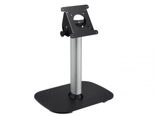 Metal monitor stand with a sleek rectangular black base, sturdy vertical silver pole, and adjustable mounting plate for screen attachment. Ideal for organizing desks and supporting computer monitors.