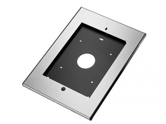 Brushed metal wall plate with large central cutout and multiple screw holes, ideal for mounting electronic devices or control panels; rectangular design suits modern installations.