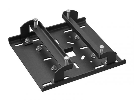Black metal mounting bracket with adjustable rails and bolts, designed for securing equipment or devices, displayed on a white background.