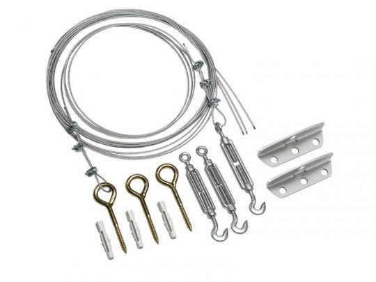 Image alt text: Stainless steel wire cable hanging kit including metal wire cables, turnbuckles, screw eyes, wall plugs, and two sturdy metal brackets arranged on a white background; ideal for picture hanging, plant support, or tensioning applications.