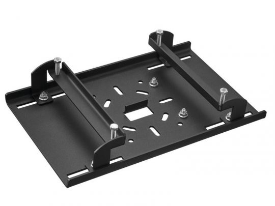 Black metal mounting bracket with adjustable side arms, multiple screw holes, and a central square cutout, designed for securely holding or attaching equipment such as electronics or AV devices. Durable steel construction for stable installation.