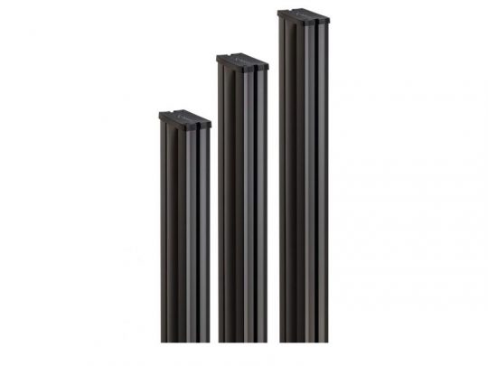 Set of three black rectangular display plinths in graduated heights arranged side by side on a white background; perfect for showcasing products or art pieces.