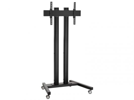 Black rolling TV stand with two vertical support columns, a mounting bracket for flat-screen TVs, and a base with four caster wheels for easy mobility. Ideal for home or office use.