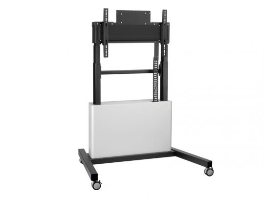 Mobile TV or monitor stand with black metal frame, adjustable mounted bracket for screen, white base cover, and four caster wheels for mobility. Suitable for offices or home use.