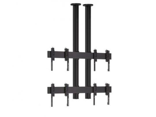 Black ceiling-mounted TV bracket for 2x2 video wall configuration, featuring two sturdy vertical poles and two horizontal bars designed to securely hold four flat screen monitors; shown against a plain white background.