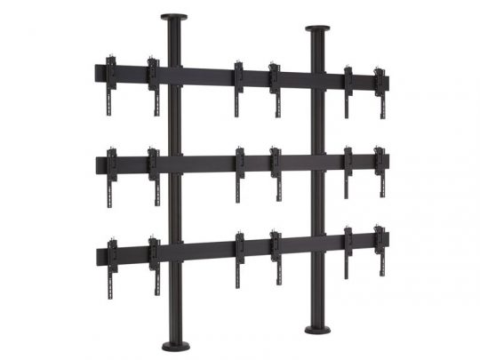Black multi-screen TV wall mount with three vertical support poles and four horizontal brackets, designed to securely hold nine monitors or screens in a 3x3 grid configuration—ideal for video walls or control room setups.