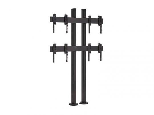 Dual-pole floor-mounted TV stand with two horizontal support bars and multiple adjustable mounting brackets, designed to hold four flat-screen TVs in a 2x2 video wall configuration. Ideal for professional displays and commercial settings.