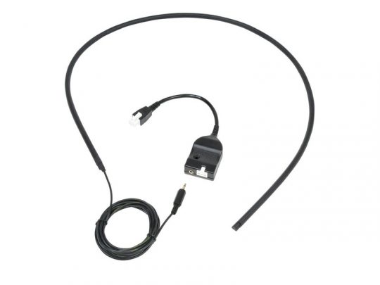 Black wired headset with flexible boom microphone, featuring both an RJ-9 connector and a 3.5mm audio jack, coiled neatly on a white background—ideal for office phones and computers.