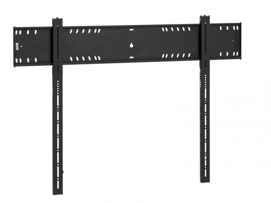 Black metal TV wall mount bracket with adjustable elongated vertical and horizontal bars, designed to securely hold flat-screen televisions; features multiple holes for flexible mounting options and durable support.