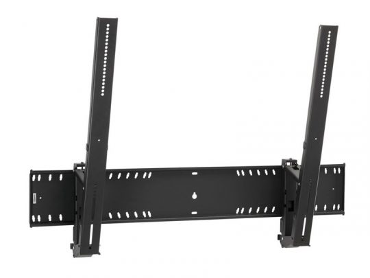 Black metal TV wall mount bracket with adjustable vertical arms and multiple mounting holes for screws, designed to securely attach a flat-screen television to a wall. Suitable for various TV sizes, ensuring stable and flexible installation.