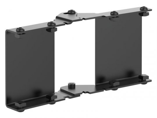 Black metal mounting bracket with two vertical plates connected by diagonal supports and secured with bolts at corners and joints; suitable for structural support or equipment mounting.