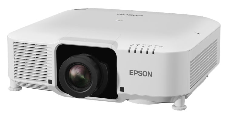 White Epson projector with a large central lens, vented sides, and top control buttons on a white background. Buy Epson projectors for clear, vibrant presentations.