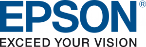 Epson logo featuring EPSON in bold blue uppercase letters, with the tagline EXCEED YOUR VISION in smaller black font beneath. Promote your space with Epson projectors for superior visuals and exceptional image quality.