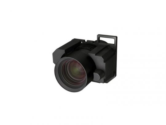 Black camera lens attachment or projector lens with a large, round glass front element and a sturdy rectangular mounting bracket, shown isolated on a white background. Ideal for photography or projection equipment, this lens accessory features a sleek black design for professional use.