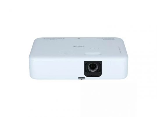 Front view of a white Epson projector with the lens positioned on the right, minimal control buttons and vents on top; a modern, compact projector suitable for home or office use.