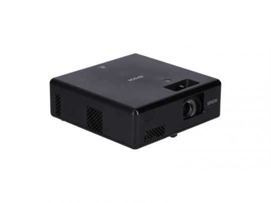 Black Epson projector, rectangular design, shown at an angled side view with visible lens, cooling air vents, and Epson logo displayed on the top and front panels.