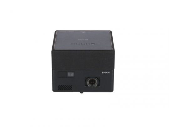 Compact black Epson projector with top control buttons, front lens and sensor, featuring a minimalist design, shown on a plain white background.