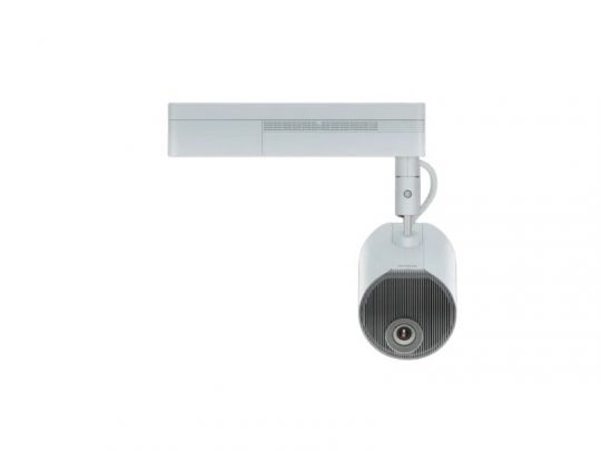 Front view of a ceiling-mounted Epson LightScene EV-110 projector, 2200 lumens, with a rectangular base and cylindrical lens housing, displayed against a plain white background.