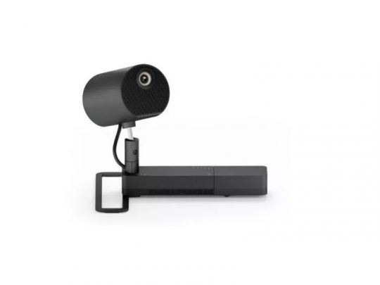 Black Epson LightScene EV-115 webcam with a cylindrical camera on a rectangular base, designed for desktop or monitor mounting; shown on a white background, featuring a sleek and modern look.