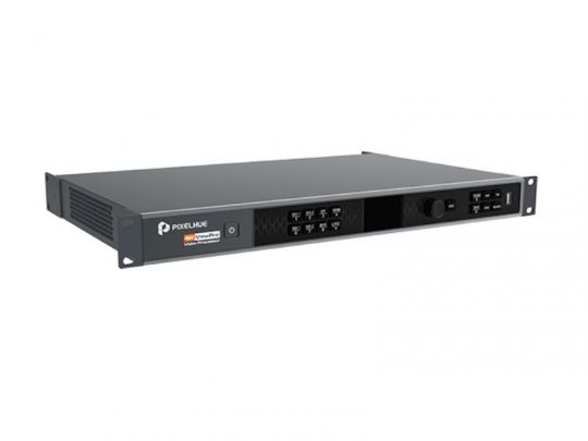 Rack-mounted PIXELHUE 4K View Pro video processor in black, featuring multiple front-panel input/output ports, control buttons, and a central control knob—designed for professional AV equipment setups and new installations.