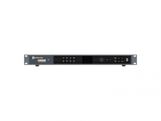 Front view of the Pixelac PixelHue 4K View Pro video processor, a black rack-mounted broadcast device featuring control buttons, ports, and an LED display, designed for high-performance 4K video processing and enhanced visual performance.