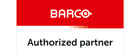 Barco Authorized Partner badge—red and white with Barco logo at top and “Authorized partner” in bold black text at bottom, featured on the Logando About Us page.
