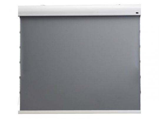 Celexon Tension Home Cinema ALR Dynamic Slate motorised projector screen, fully extended with a grey projection surface and sleek white casing, displayed against a plain background. Ideal for high-quality projection in any home cinema or office setting.