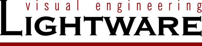 Logo displaying the words visual engineering in small red lowercase letters above bold black text LIGHTWARE, reflecting Logandos about us branding style.