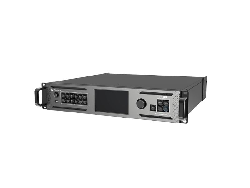 PIXELHUE P10 Seamless Switcher with rugged flight case, showing a gray rack-mountable device featuring a central display, control buttons, dials, and side handles—perfect for professional AV or lighting control setups.