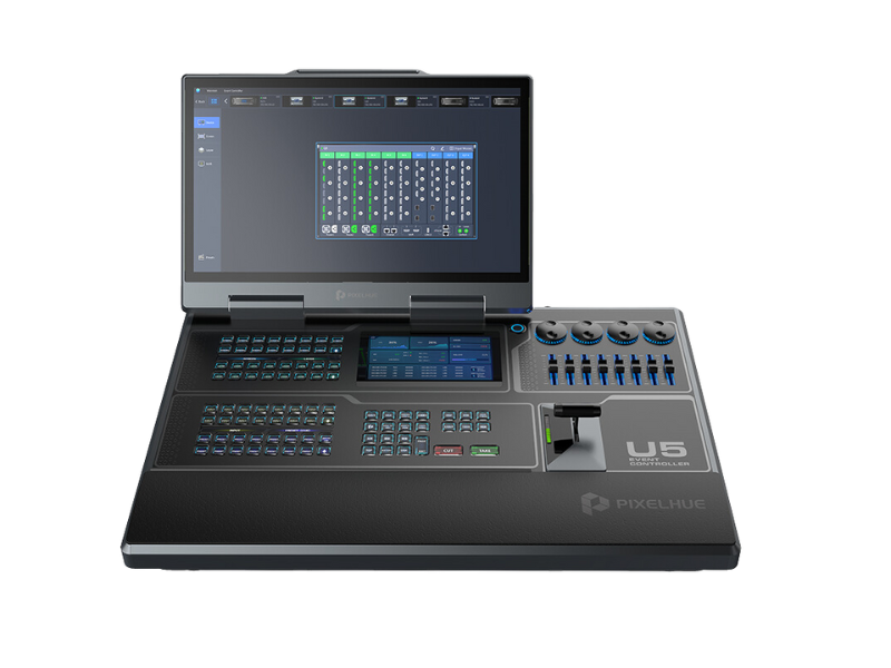 PIXELHUE U5 professional video switcher console with built-in display, multiple buttons, knobs, and sliders—designed for live video production and AV professionals considering a Pixelhue purchase.