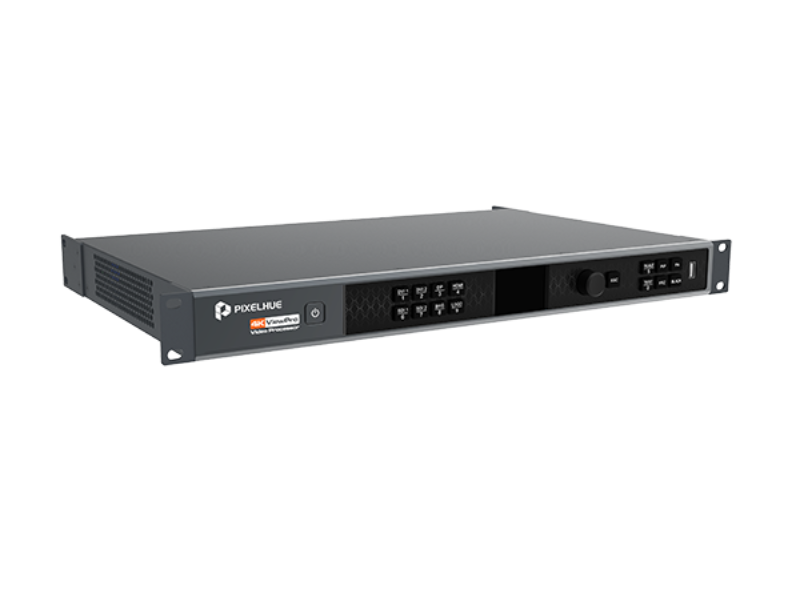 Pixelhue rack-mounted media control device with a black metal casing, multiple front ports and buttons, and a digital display panel—designed for professional AV or broadcasting setups.